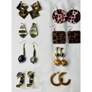 Lot Of 8 Pairs Of Bronze Plated And Cheetah Pattern Pierced And Dangle Earrings